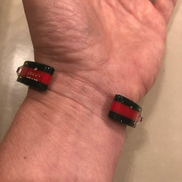 Gucci Open Stripe Cuff with Crystal Bee Red Green - Picture 9 of 16
